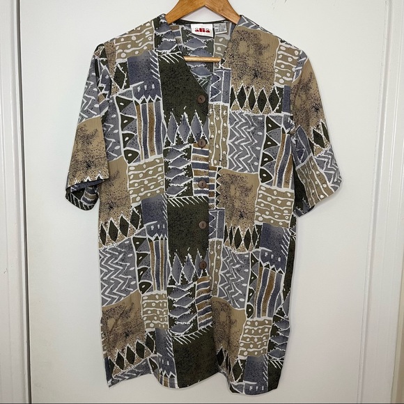Vintage Boho Aztec Abstract Patterns Button Down Blouse Shirt - Picture 7 of 10
